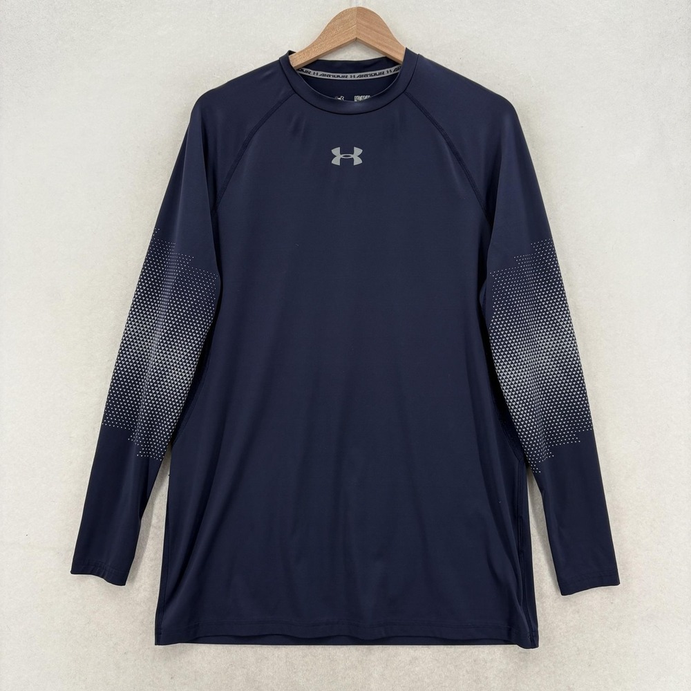 Under Armour HeatGear Shirt Mens Medium Blue Long Sleeve Fitted Raglan Gym MMA